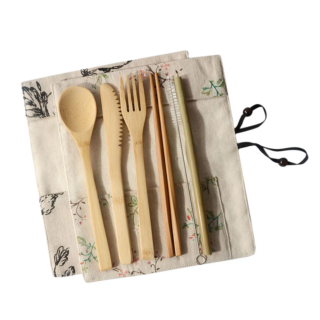Portable Bamboo Cutlery With Bags Travel Eco-friendly Fork Spoon Chopsticks Straw Brush Set Include Reusable Bamb Tableware