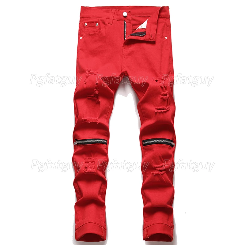 New Ripped Elastic Red Jeans Knee Zipper Design Slim Fit Denim Pants