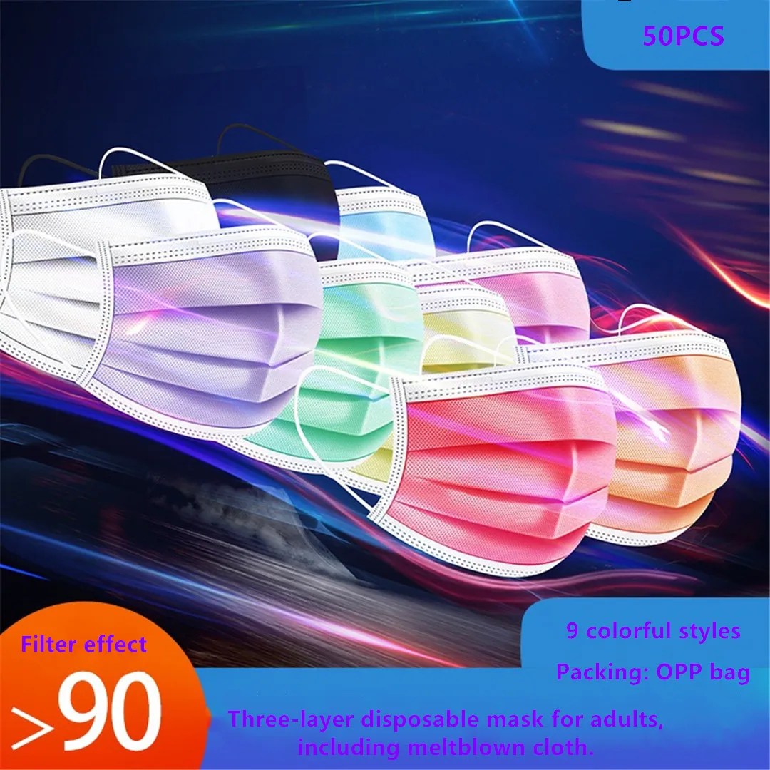 50Pcs Filter Effect Mask Disposable Non Wove 3 Layer Ply Filter Mask Mouth Face Mask Breathable Earloops Adult Masks