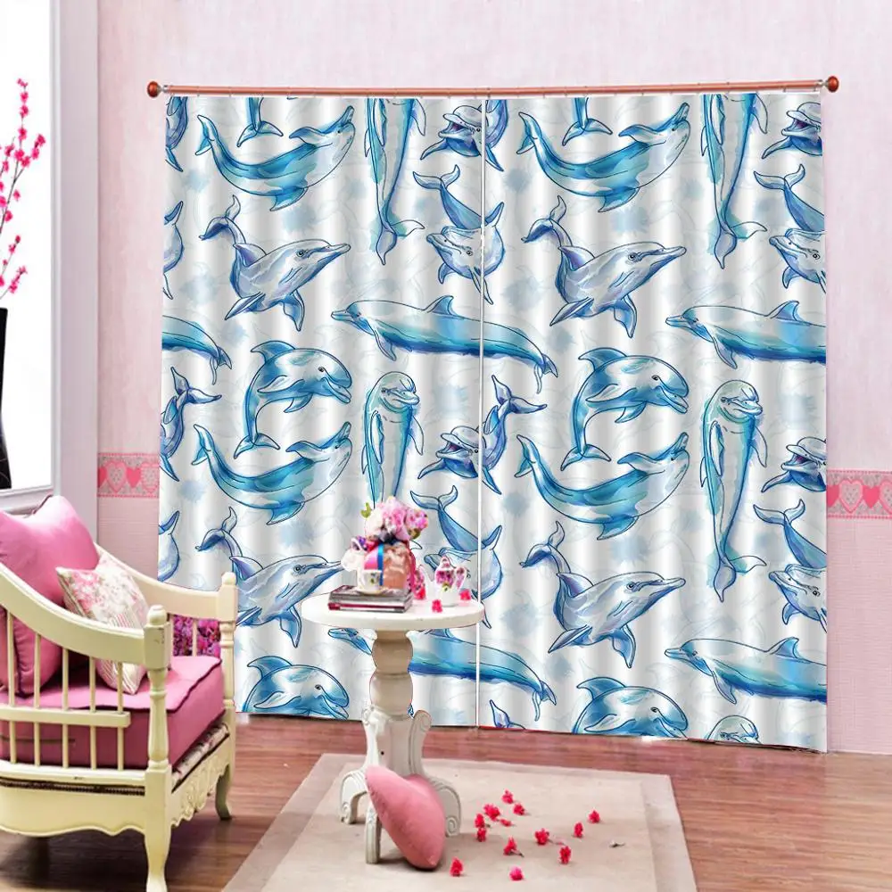 Simple Hand Drawn Dolphins Jumping Shower Curtains For Living room bedroom Ocean Print Art Decor Custom any size