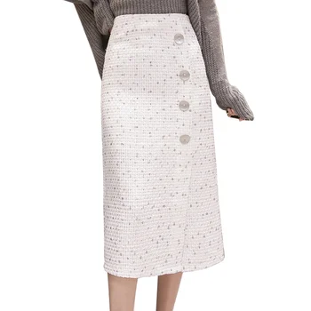 

Korean Women Modis Tweed Skirt Black White Long Elegant A Line Skirts Ladies Split Calf Length High Waist Buttons Office Skirts