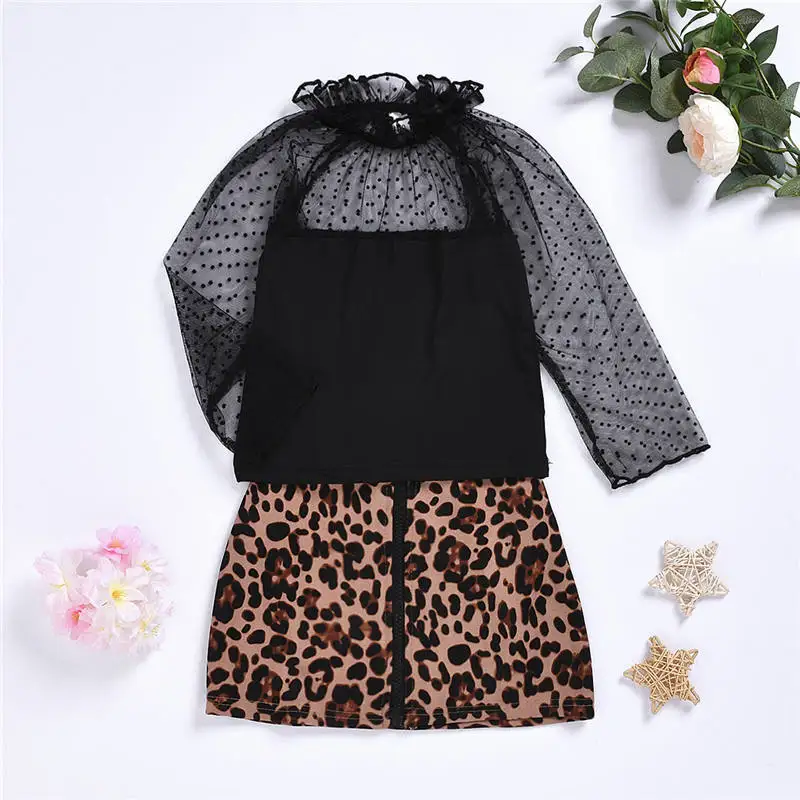 fashion kids girl clothes set leopard skirt black shirt (7)
