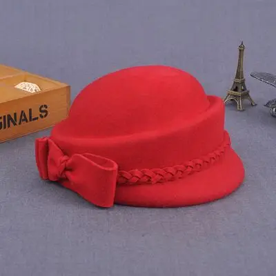 Шерстяная фетровая шляпа стюардессы, красные, черные свадебные шапки, Элегантные зимние женские береты с бантиком, шапка для пиллбокса - Цвет: Red