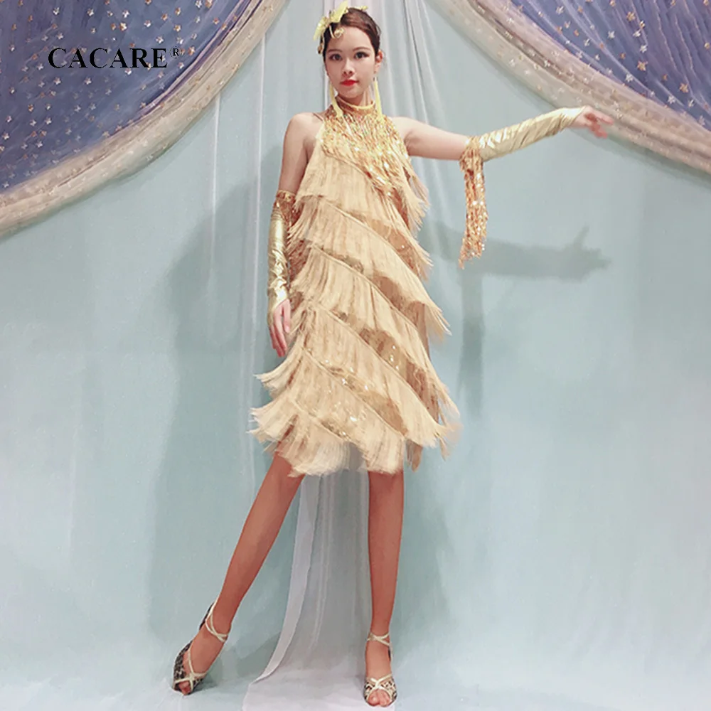 CACARE Fringed Dress Latin Dance Women Samba Salsa Tango D0045 Gold with Sequins Tassels Necklace Gloves | Тематическая одежда и
