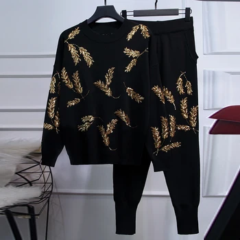 

HIGH STREET New Stylish 2020 Runway Suit Set Women's O-Neck long sleeve Sequined knitting top Sweater Pants Set