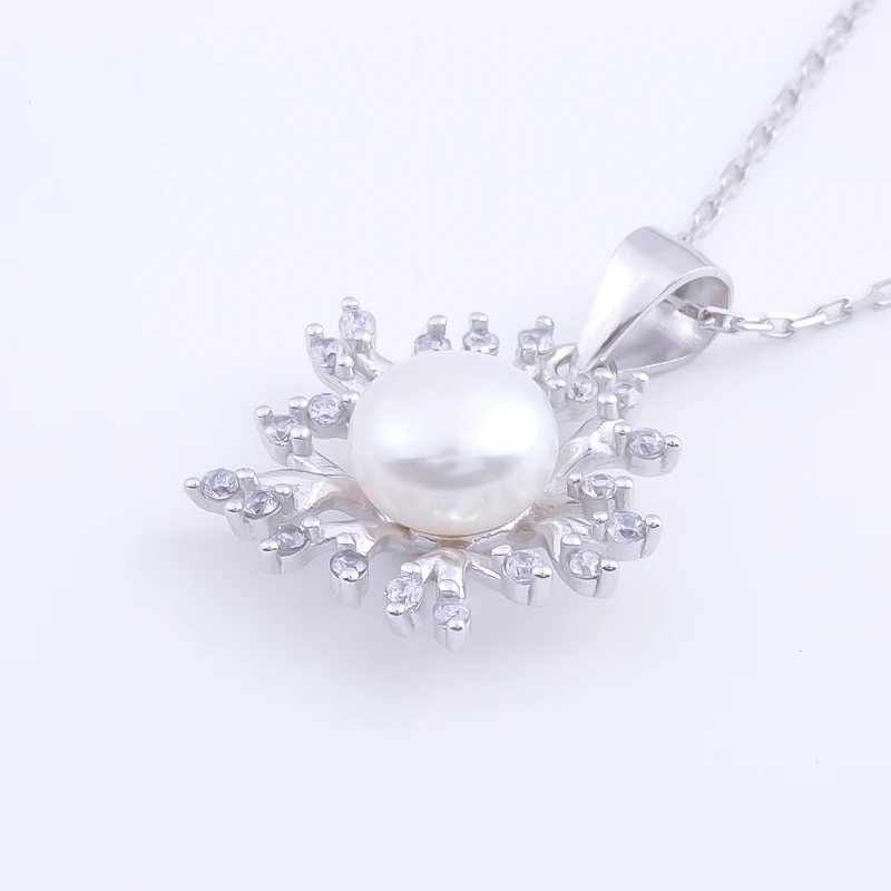 Pekurr 925 Sterling Silver Snowflake Shape Flower CZ Branch& Freshwater Natural Pearl Necklaces Pandents For Women Jewelry