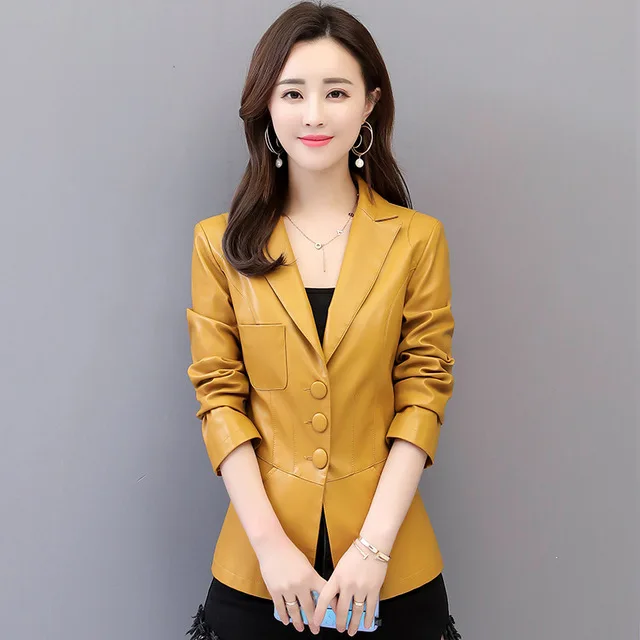 Yellow Plus Cotton Осенние женские кожаные блейзеры и куртки зимнего размера плюс 5XL модное пальто из искусственной кожи женские короткие мотоциклетные кожаные куртки - Цвет: Yellow Plus Cotton