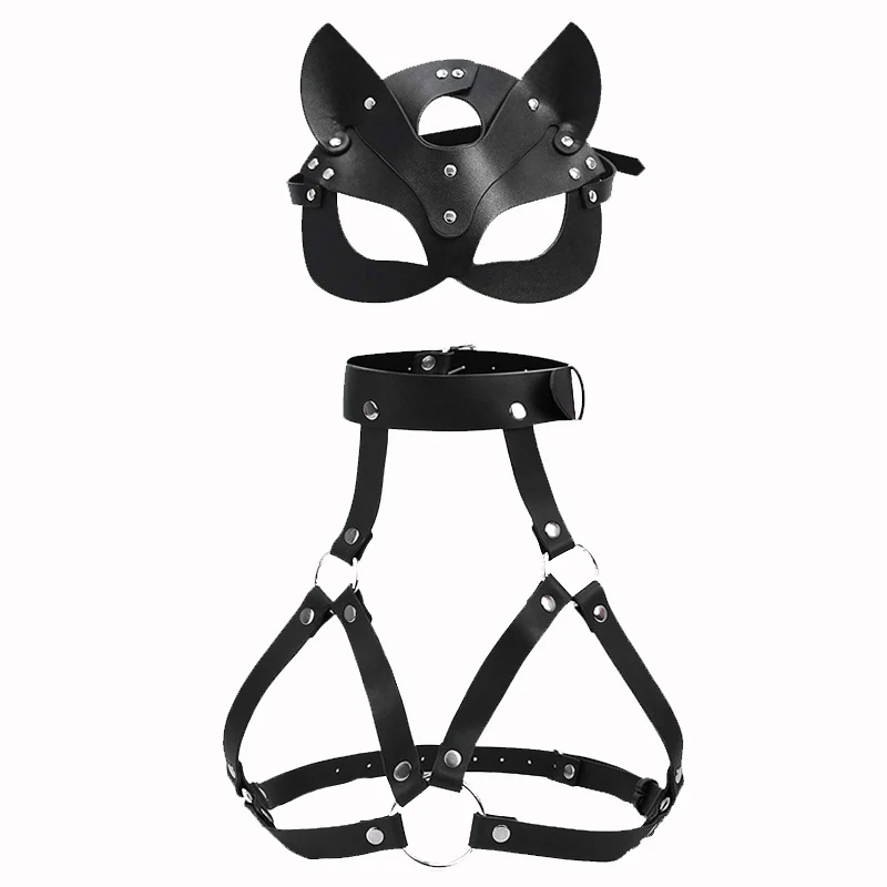 Sexy Bondage Leather Harness Women Goth Bra Chest Waist Straps Fashion Body Harness Belt With Mask Rave Wear Suspenders