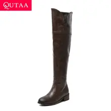 QUTAA/ г. Модные ботфорты из искусственной кожи в стиле ретро осенне-зимняя женская обувь с круглым носком Повседневные высокие сапоги до бедра на молнии размеры 34-43