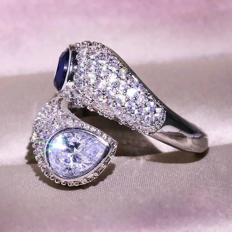 Роскошные серебряные обручальные кольца для женщин Sparking Two Tone австрийский класса ААА Циркон 925 серебро темперамент изменяемый размер, Незамкнутое кольцо