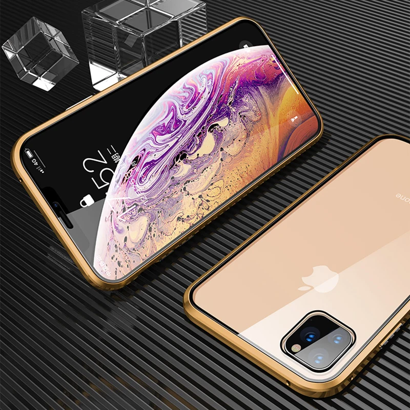 Металлический магнитный адсорбционный чехол для iPhone 11 Pro XR X XS Max 11 7 8 Plus, двусторонний защитный чехол из закаленного стекла для телефона - Цвет: Gold