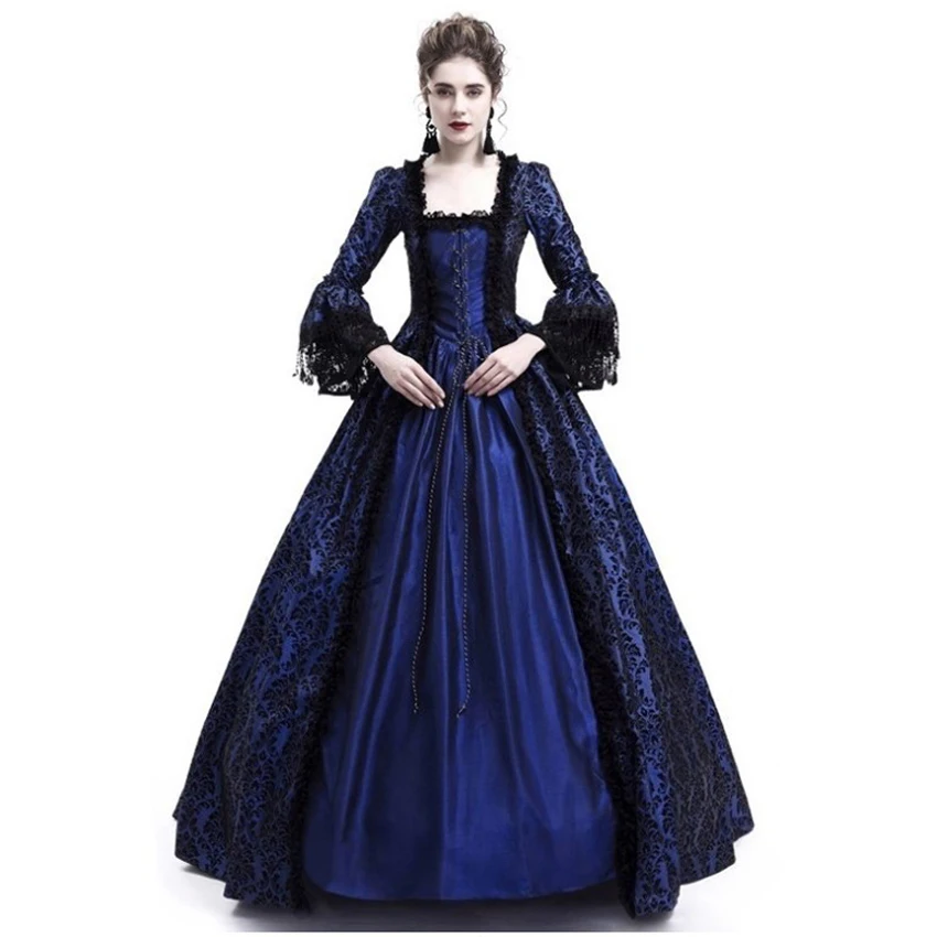 Взрослая женщина дворцовый суд платье принцессы тонкое элегантное бальное платье квадратный воротник кружева Хэллоуин костюмы Ренессанс средневековое платье - Цвет: Blue dress