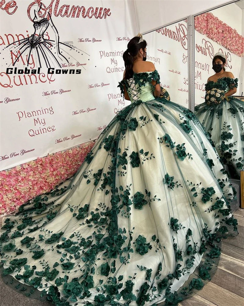 

Cinderella Green Off The Shoulder Quinceanear Dresses Beaded 3D Flowers Princess Sweet 15 Girls Party Ball Gown Pageant Gowns