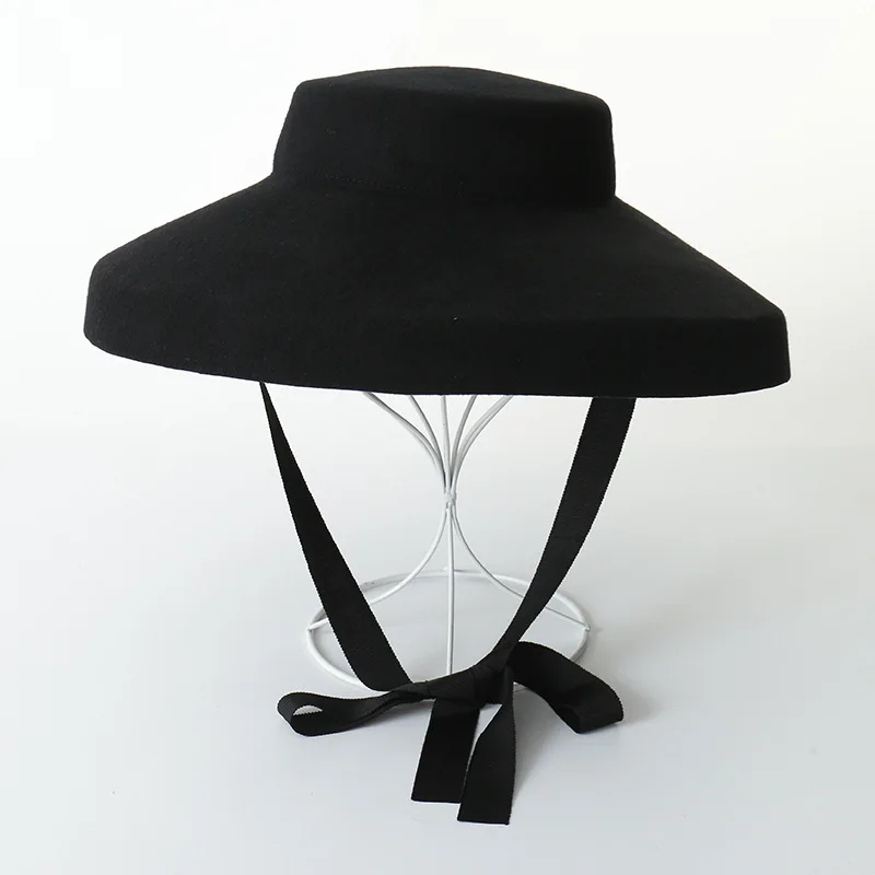 

King Wheat Stage Show Party Perform Wool Big Brim Black Women Fedora Shot Felt Cap Winter Bandage Lady Fashion Formal Top Hat