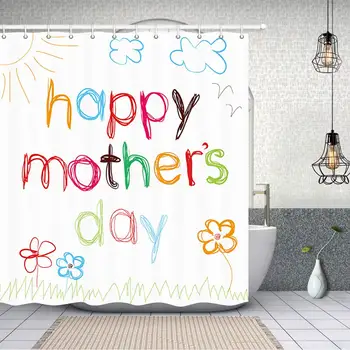 

Mum Gift Happy Mother's Day Shower Curtain in Bath Polyester Fabric Child Graffiti Flower for Mum Bathroom Fantastic