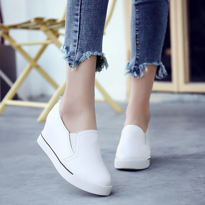 

Genuine Leather Platform Shoes Thick Bottomed White Shoes Elevator Loafers round-Toe Slip-on WOMEN'S Shoes Korean-style Students
