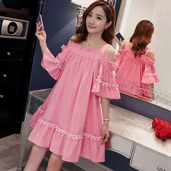 

Summer Dress Large Size Loose Strapless Sweet Ruffle Dress 2020 New Fashion Decrease Age Cute Pullover Solid Color Dress XIN333