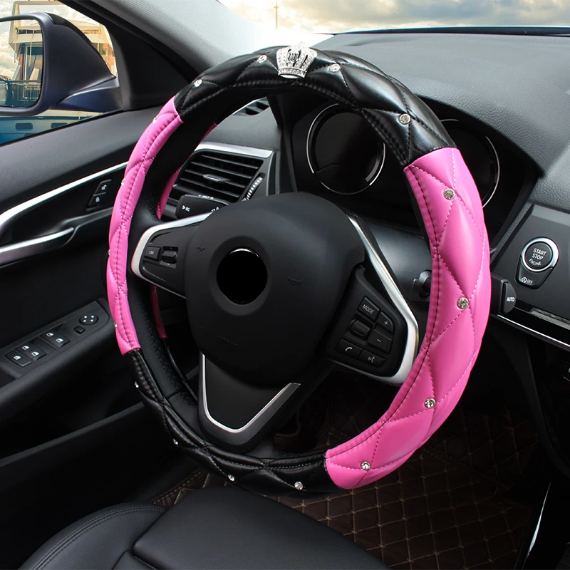 car steering wheel cover leather black and white blue purple red for women bling diamond car interior accessories 38cm 15 inch