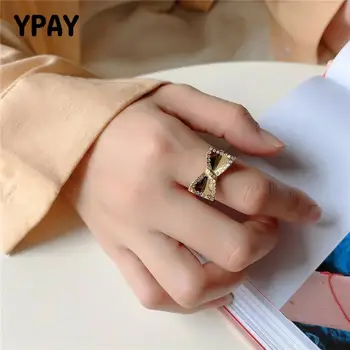 

YPAY 100% Genuine 925 Sterling Silver Adjustable Rings for Women Girls Korea INS Bow Knot Zircon Open Ring Fine Jewelry YMR1063