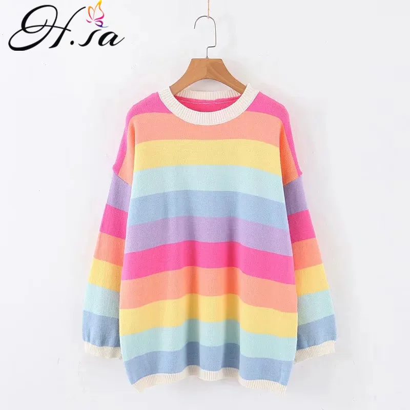 

H.SA 2019 Winter Sweater and Pullover for Women Colorful O Neck Oversized Sweaters Rainbow Pull Jumpers kawaii casaco feminino