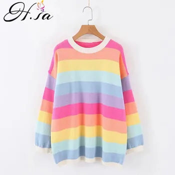 

H.SA 2019 Winter Sweater and Pullover for Women Colorful O Neck Oversized Sweaters Rainbow Pull Jumpers kawaii casaco feminino