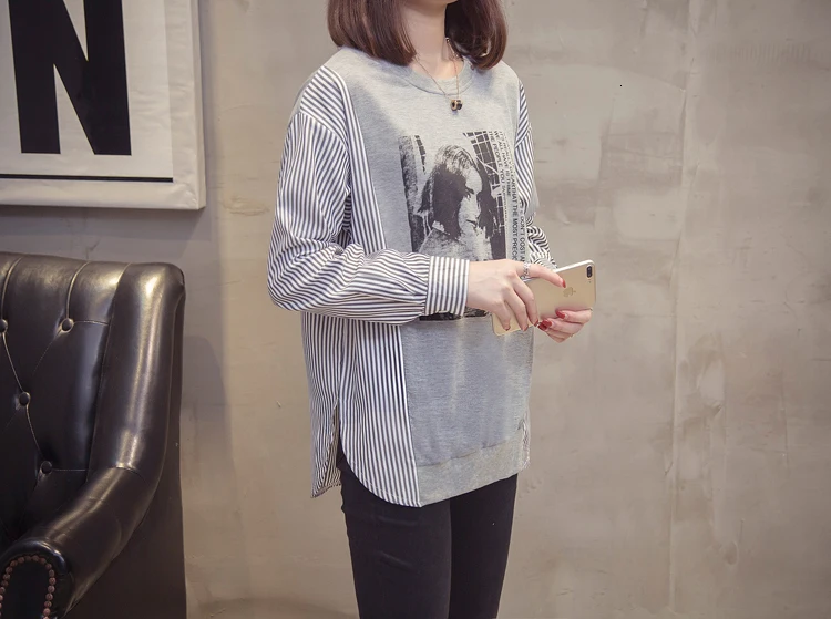 Plus Size Striped Patchwork Tops T-shirt Women Autumn Casual Loose Graphic Tee Shirt Oversized Long Sleeve Korean Tunics