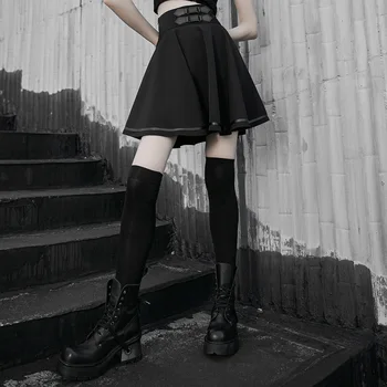 

PUNKRAVE Women's High Waist Belt Skirt Punk Daily Pleated Mini Skirts