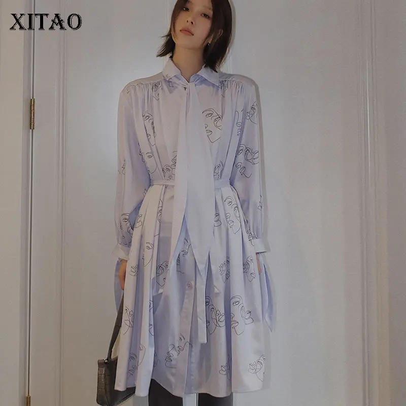 

XITAO Print Pattern Dress Ribbon Full Sleeve Pleated Print Loose 2020 Spring New Single Breasted Women Casual Dress DMY3622