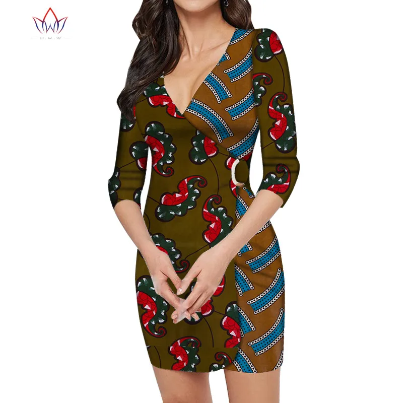 Африканская женская одежда Дашики Базен Riche лоскутное платье с v-образным вырезом три четверти традиционное мини-платье с принтом по индивидуальному заказу WY5259