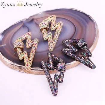 

5PCS, 18*33MM, Rainbow CZ Micro Pave Crystal Zirconia Clasp Lightning Shaped Lock Carabiner Pave Lock Jewelry Findings