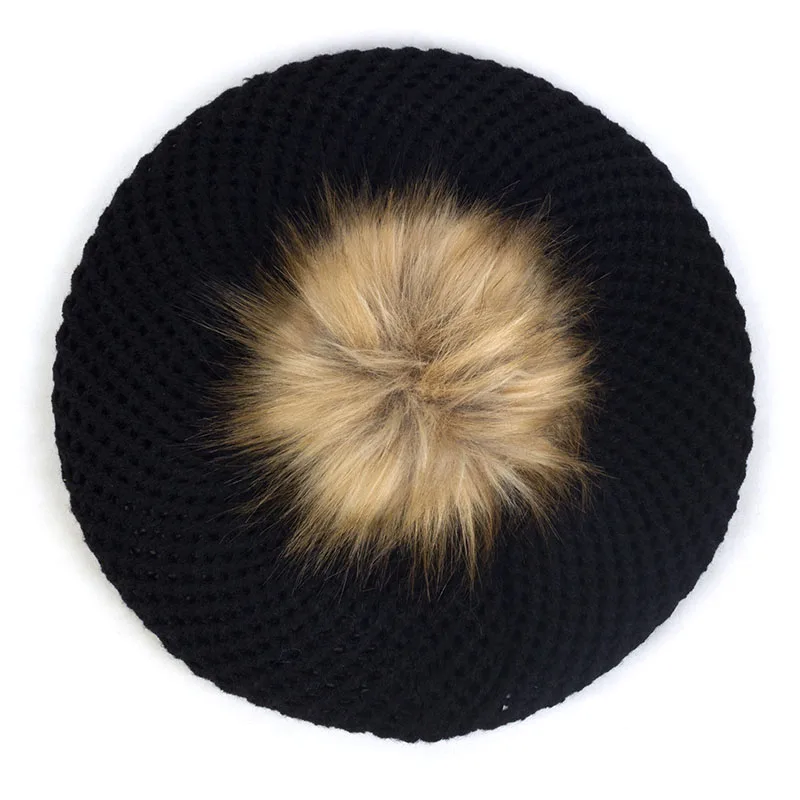 Black16 Geebro женские двухслойные береты шляпа с Pom женский из искусственного шелка и сатина с мехом со складками шапки; сезон осень-зима теплая шапка шапочки сапоги высотой выше колена берет BL007 - Цвет: Black16