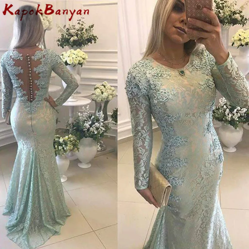 Lace Applique Scoop Neck Mermaid Mother of the Bride Dress Long Full Sleeves Zipper Sweep Train Formal | Свадьбы и торжества