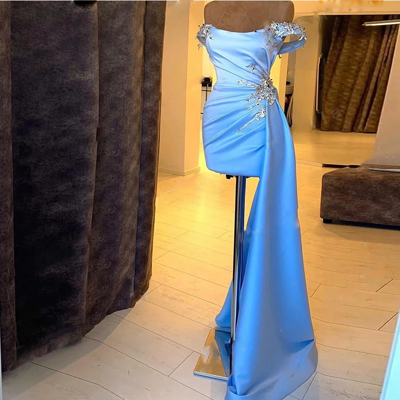 Sky Blue Asymmetrical Cocktail Dresses Off The Shoulder Beads Shiny Short Evening Party Gowns Made Mermaid Prom Dress