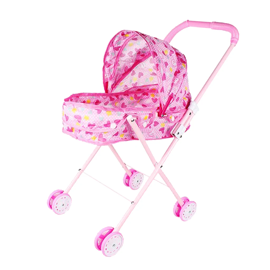 Mini Plastic Baby Push Cart Pushchair Dolls Accs Kids Pretend Play Toy Heart