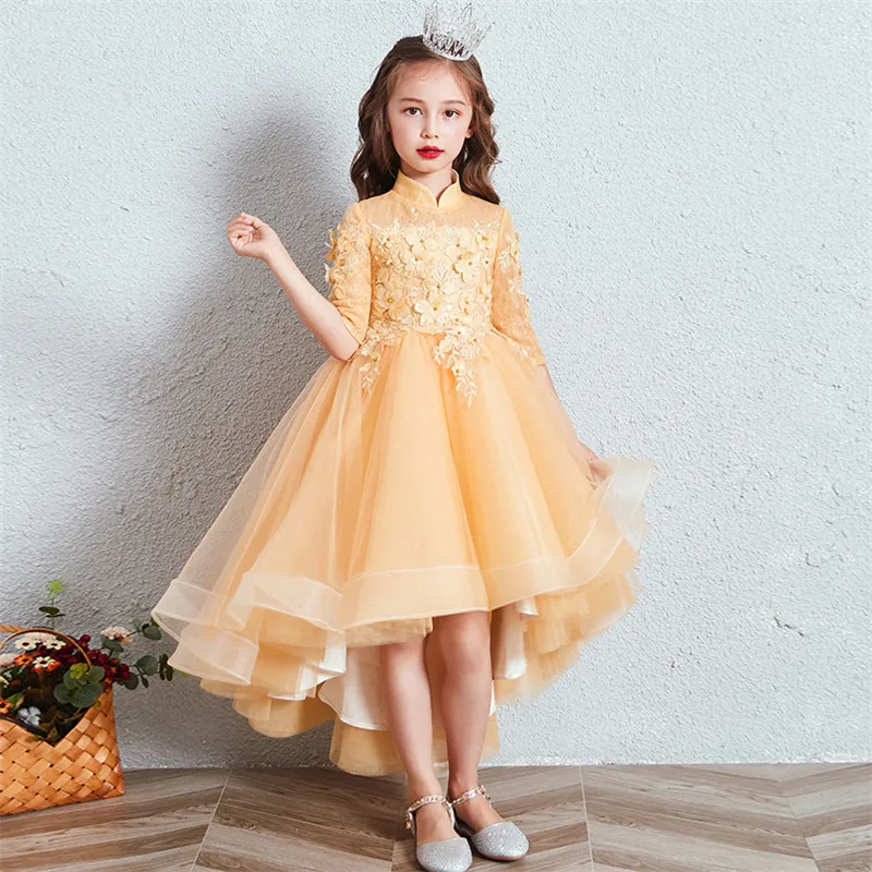 golden tail dress В году, роскошное новое платье принцессы со шлейфом золотистого цвета на день рождения и свадьбу дети ребенок мода цветы хост платье для игры на фортепиано - Цвет: golden tail dress