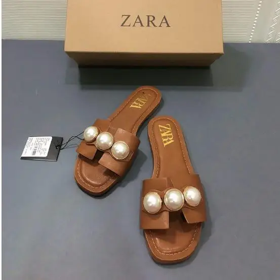 

women slippers 2020 Pearl Slipper and Sandals Women Brown Flat With Slides Sandals open toe Femal New Summer beach shoes