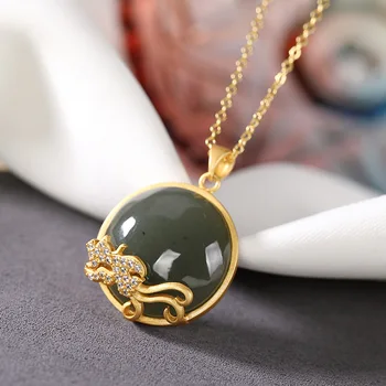 

S925 pure silver gold-plated Hetian jade sapphire personality safety buckle retro temperament women's Pendant Set chain