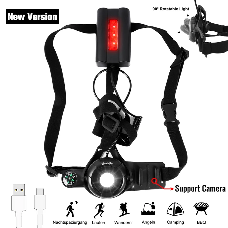 WEST BIKING велосипедный светильник USB зарядка ночной бег вспышка светильник светодиодный нагрудный светильник для спорта на открытом воздухе бег Велоспорт безопасность сигнальные огни - Цвет: New Black