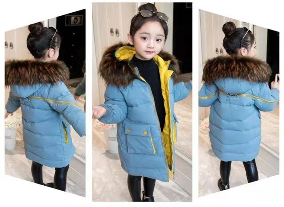 Новая мода года, осенне-зимние Пуховые хлопковые парки с капюшоном, детские длинные куртки для девочек, верхняя одежда черного/синего цвета
