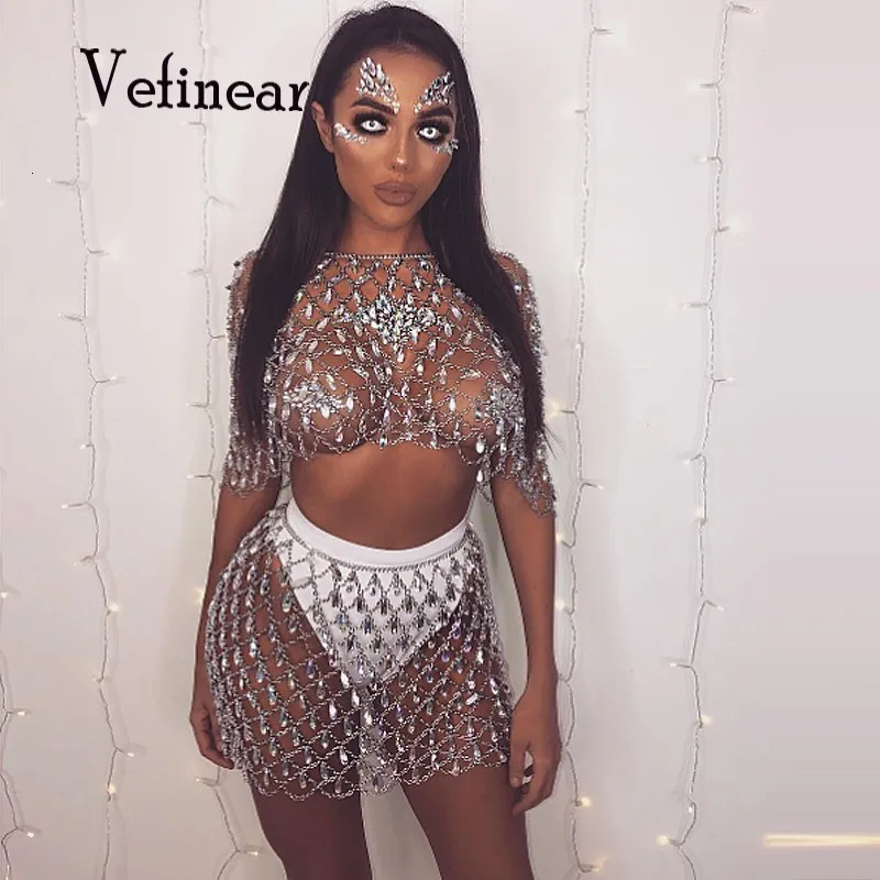 

Vefinear Sexy Women Summer Two Piece Set Crystal Sequins Tank Top Patchwork Metal Hollow Out Festival Party CropTop 2 Piece Suit