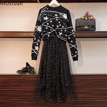 

2019 Autumn Winter Black Two Piece Sets Outfits Women Stars Knitting Sweaters And Long Skirt Suits Elegant Fashion Office Sets