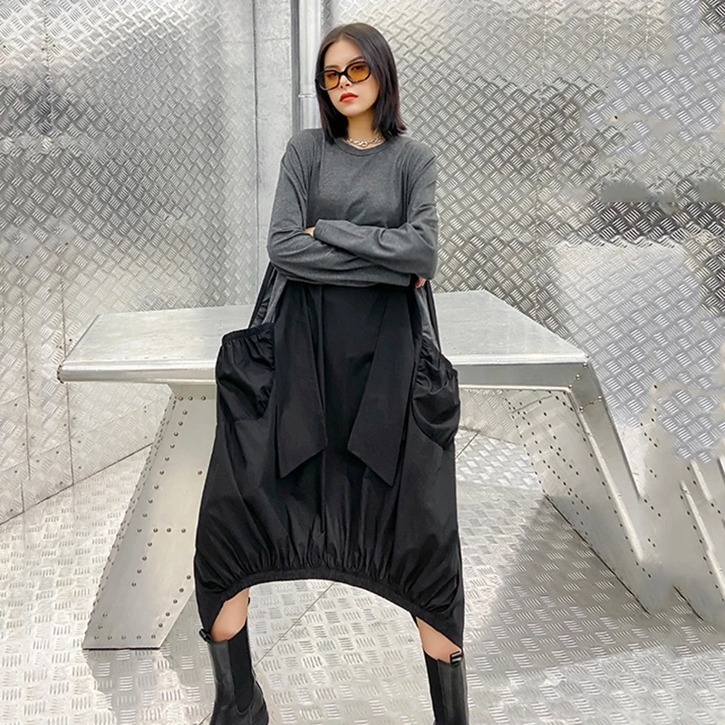 [EAM] Women Gray Contrast Color Big Size Dress New Round Neck Long Sleeve Loose Fit Fashion Tide Spring Autumn 2020 1DA259