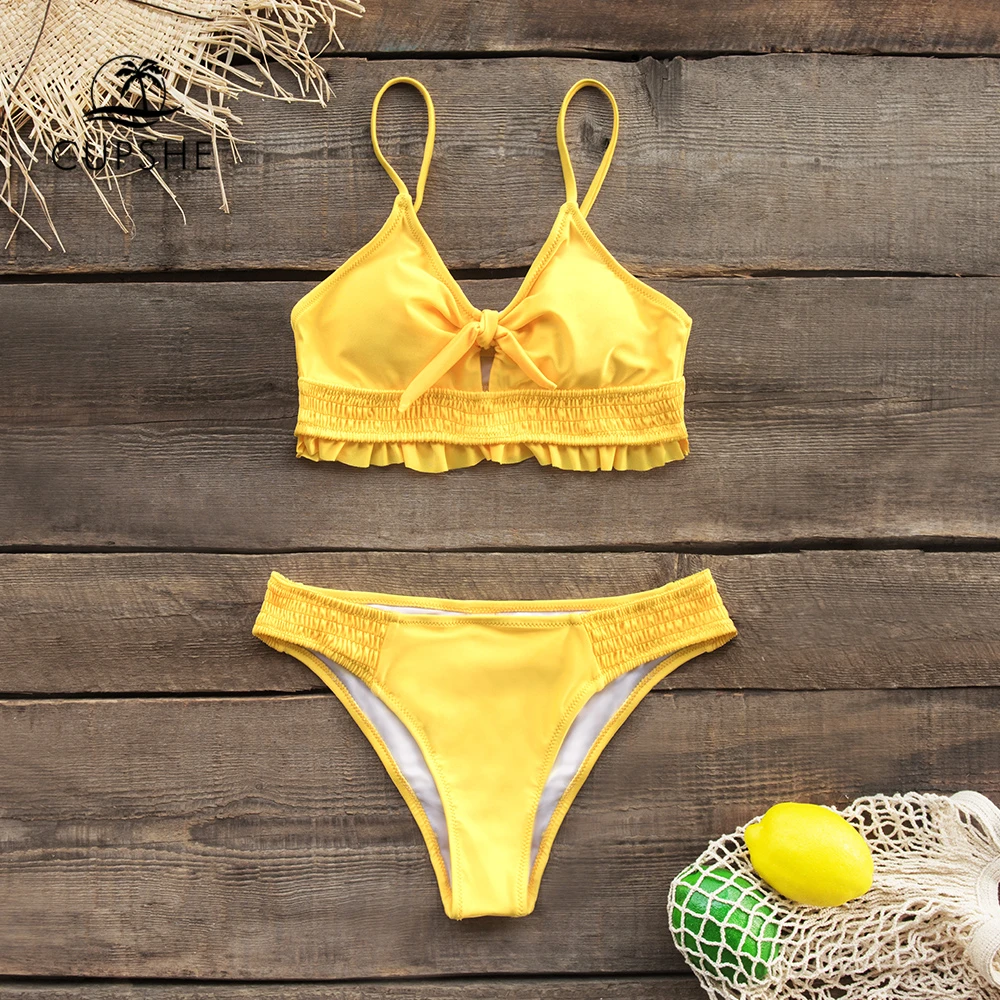 CUPSHE Yellow Ruffled Bikini Sets Sexy Cutout Bowknot Elastic Swimsuit Two Pieces Swimwear Women 2020 Girls Beach Bathing Suits 3