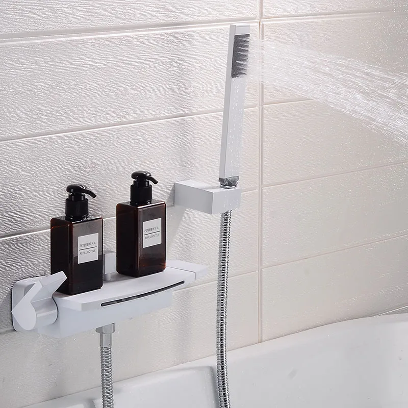 White Brass Bath Shower Faucets black Waterfall shower set Rain taps bathroom mixer faucet wall mounted shower faucet - Color: White