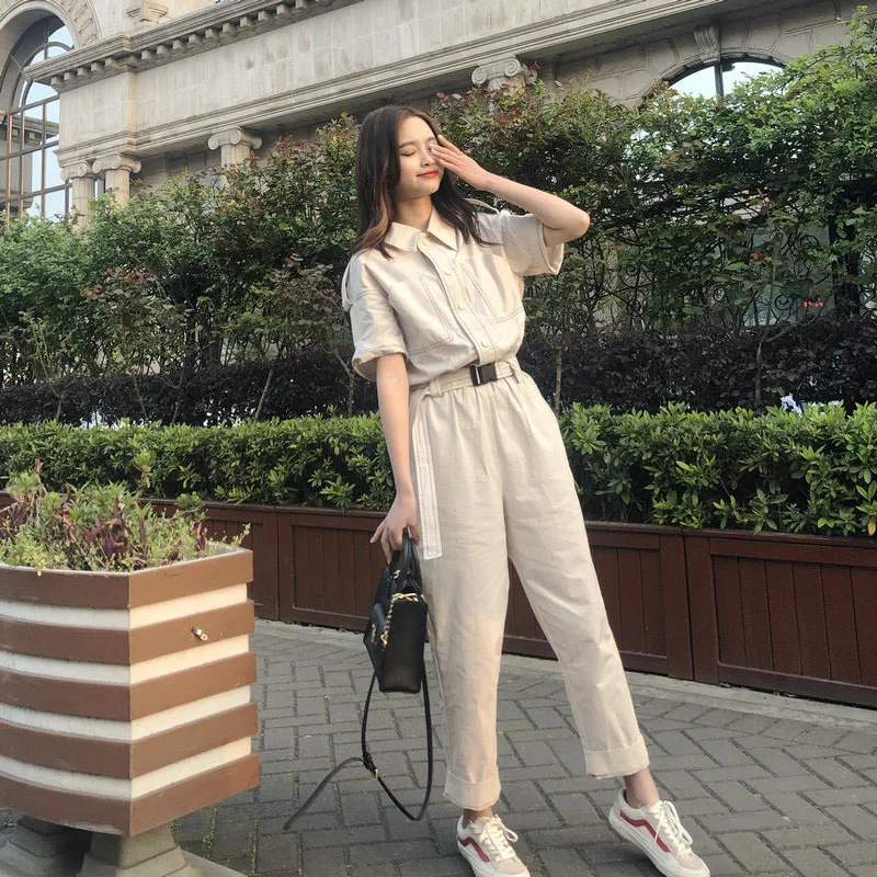 short sleeve Apricot Женские корейские одноцветные Свободные повседневные Прямые шаровары комбинезон женский уличная одежда в стиле хип-хоп комбинезоны Harajuku брюки с поясом - Цвет: short sleeve Apricot