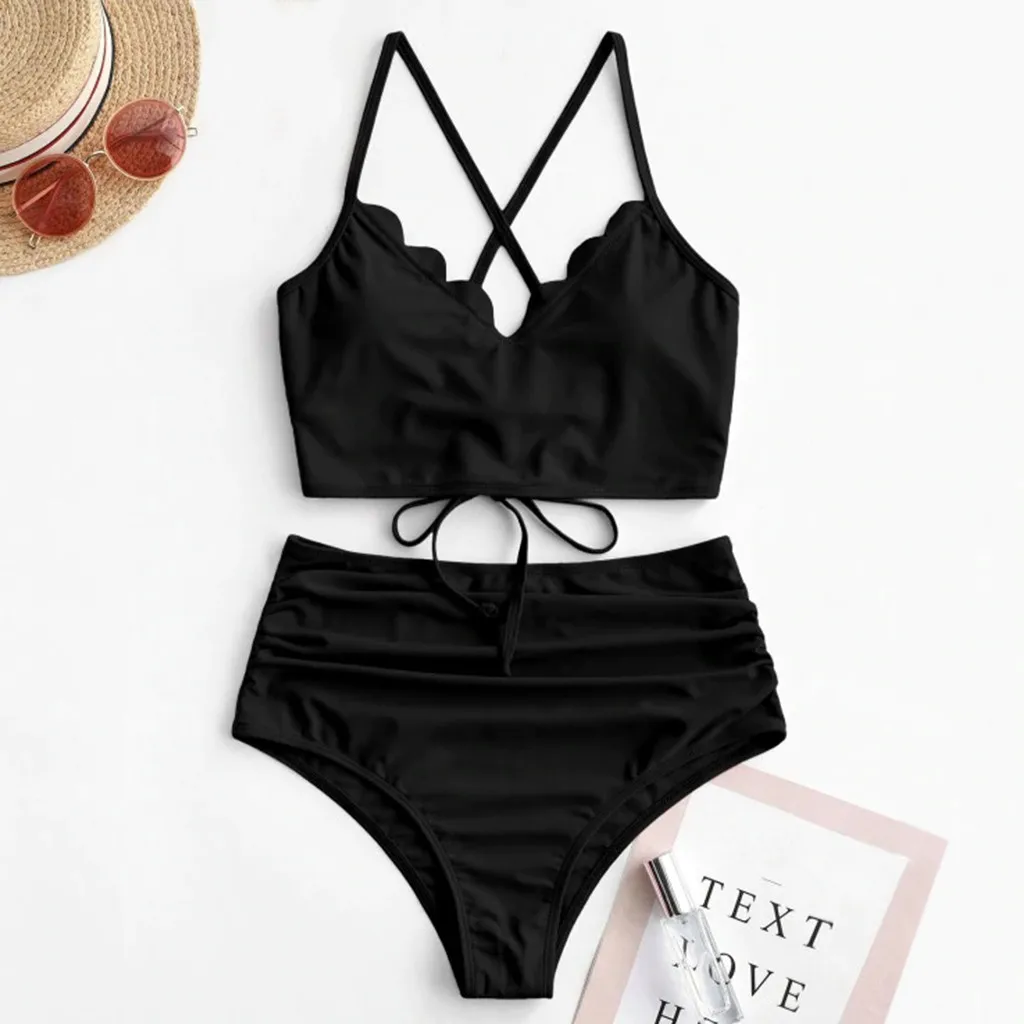 #40 Women Scalloped Lace-up Ruched Tankini Swimsuit Beachwear High Waisted Polyester Купальники Женские Слит |