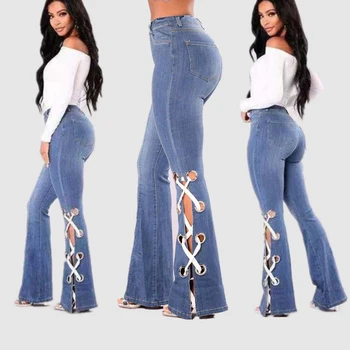 

Lace-Up Bowknot Slim Flare Pants Women Denim Jeans Pants High Waist Bell Bottom Female Wide Leg Belt Hole Skinny Jeans