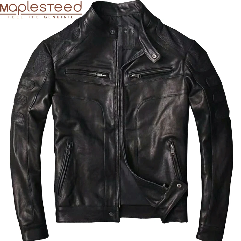 MAPLESTEED-Chaqueta de Cuero 100% para hombre, chaqueta de piel de cabra curtida Natural, abrigo corto ajustado negro para niño, primavera y verano, M110