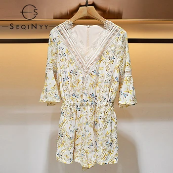 

SEQINYY Embroidery Short Jumpsuit 2020 Summer Spring New Fashion Design Lace Short Sleeve Flowers Print Loose Holiday Rompers
