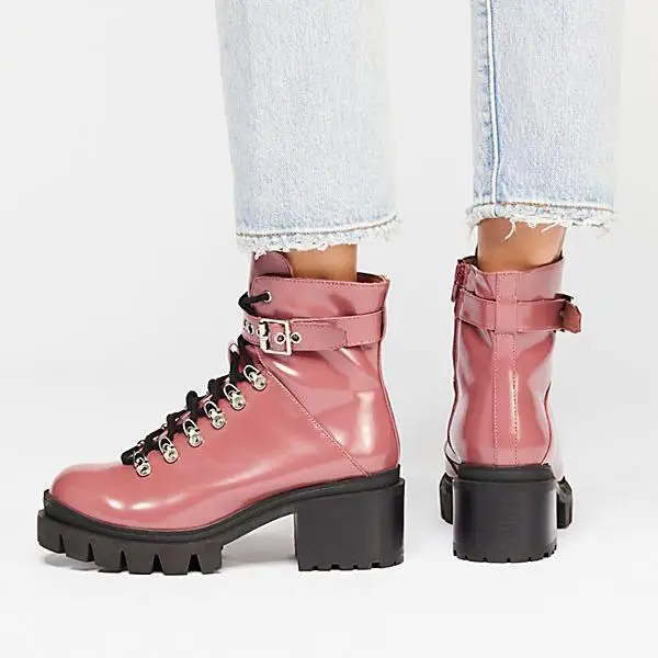 

2019 Women Motorcycle Boots Autumn coat of paint Fashion Patent Leather Round Toe Lace-up Combat Shoes Ladies Snow Office Boots